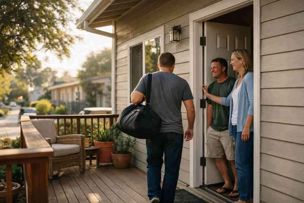 A resident walking into a home, bag in hand