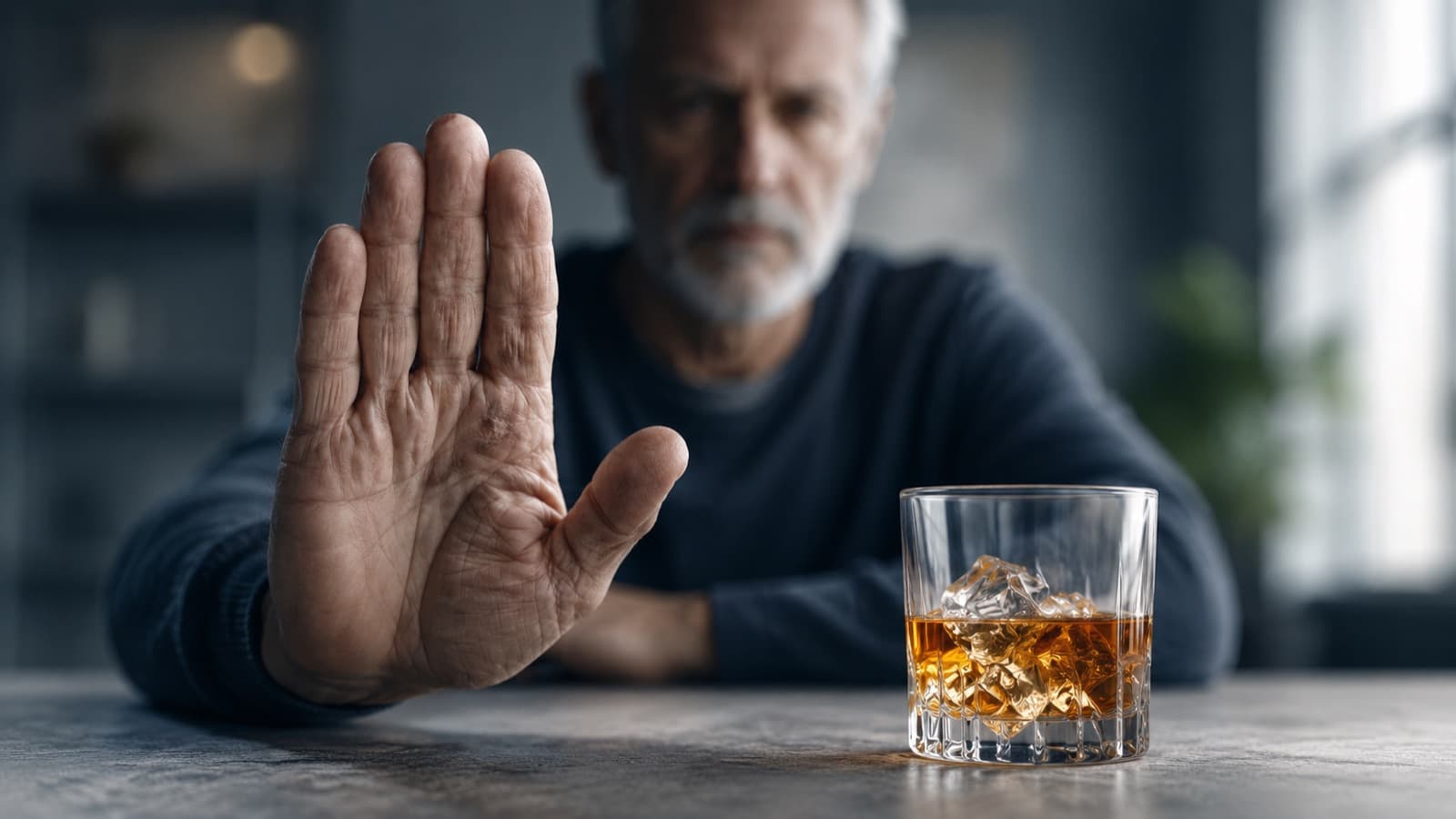 A man raising his hand to decline a glass of whiskey, choosing recovery