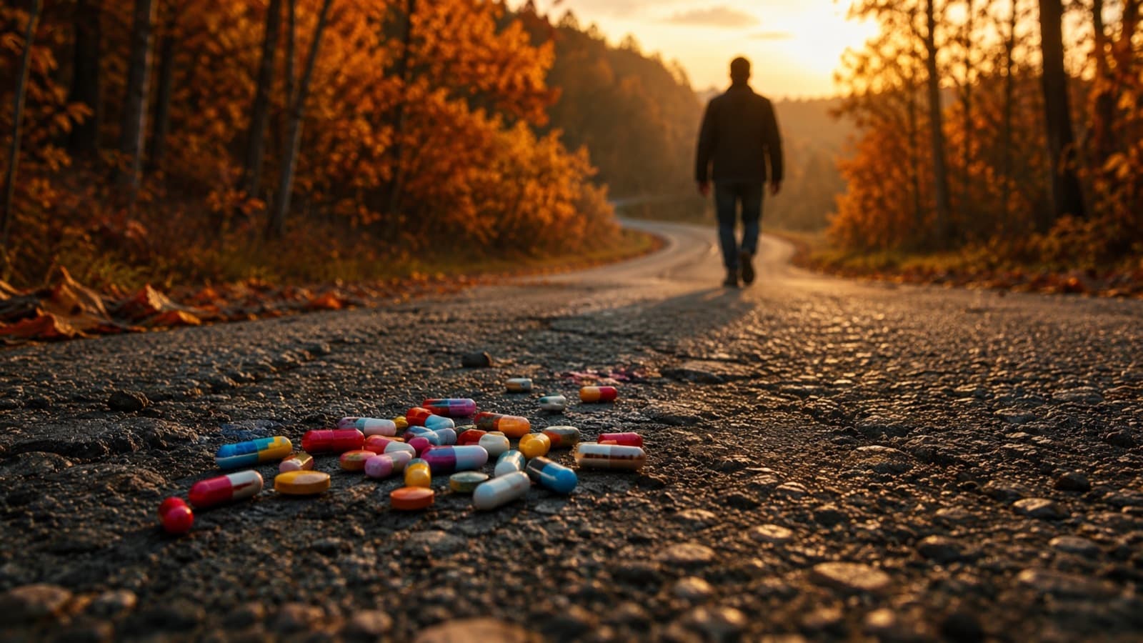 A person walking forward down an autumn road at sunrise
