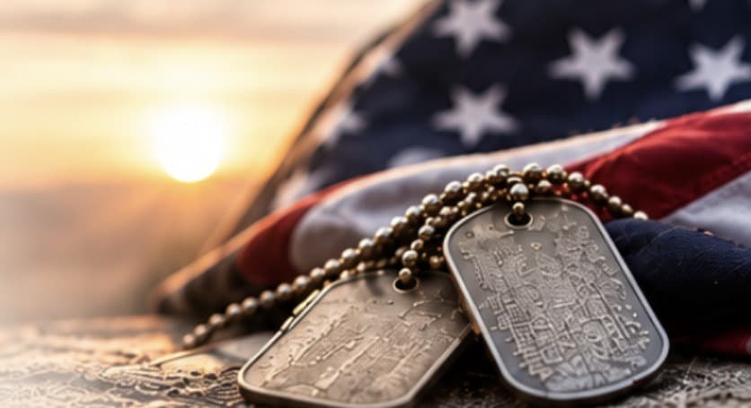 Dog tags resting on an American flag at sunrise