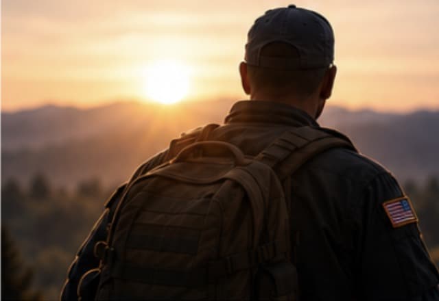 A Veteran with a pack looking out over hills at sunrise