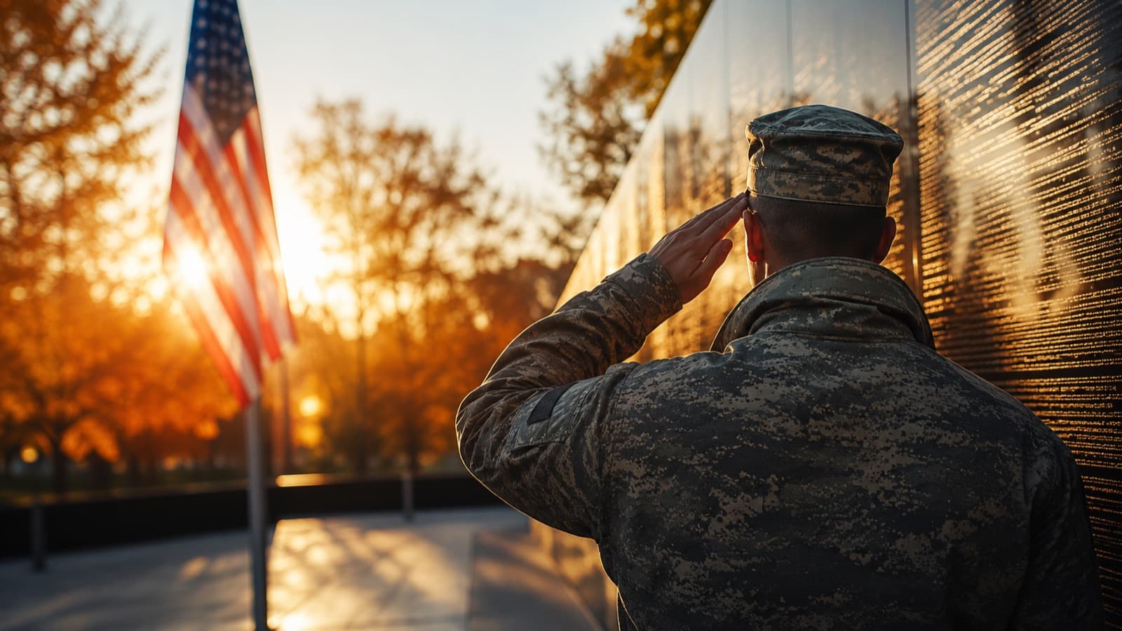 A Veteran in uniform saluting at a memorial wall beside an American flag at sunset